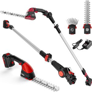 MZK Cortasetos Inalámbrico 2 en 1 20V con Pértiga Extensible de 13 Pies, Tijera Cortacésped, Batería y Cargador
