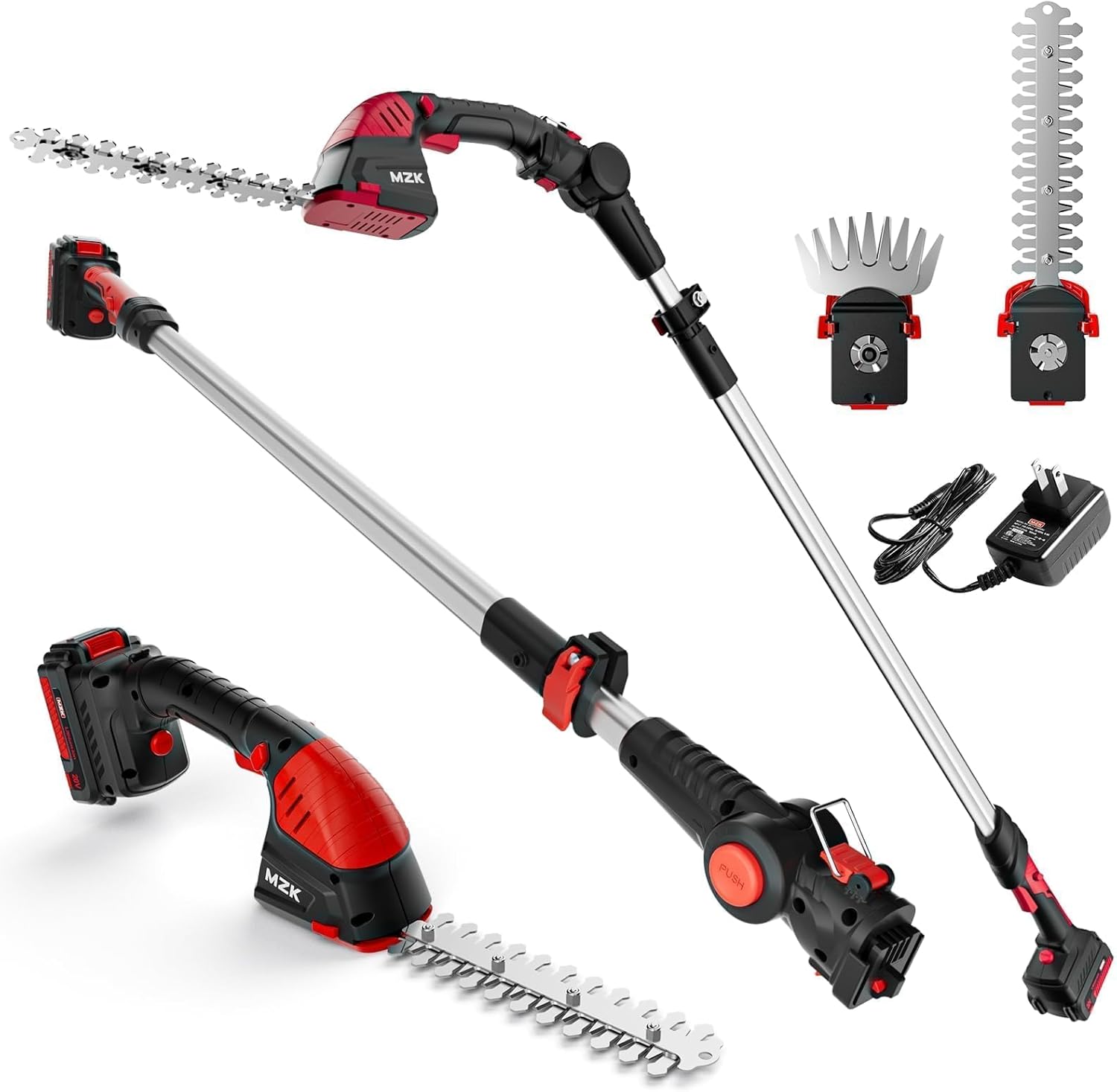 MZK Cortasetos Inalámbrico 2 en 1 20V con Pértiga Extensible de 13 Pies, Tijera Cortacésped, Batería y Cargador